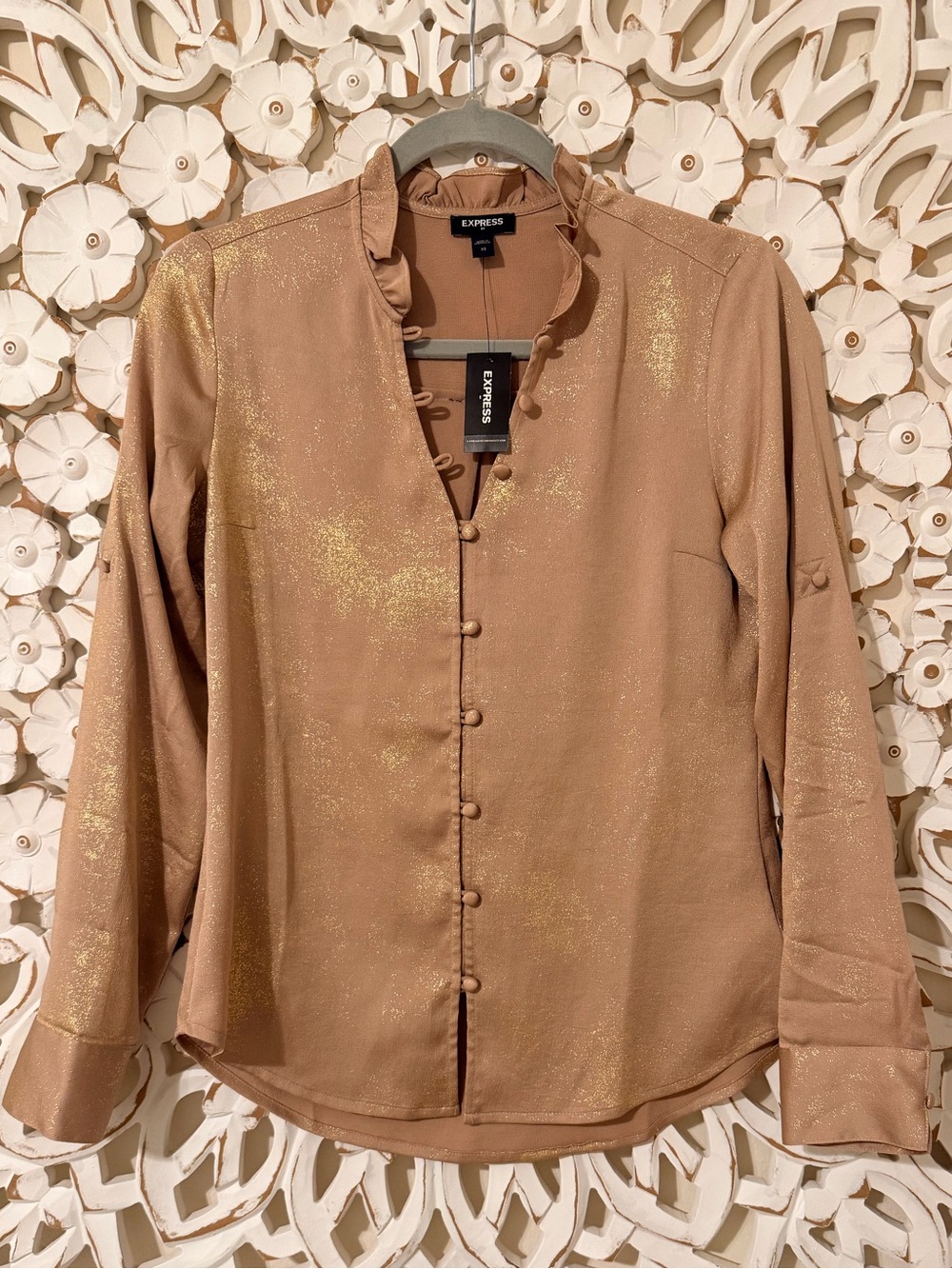 Express Blush Gold Shimmer Button-Front Blouse - Size XS - NWT